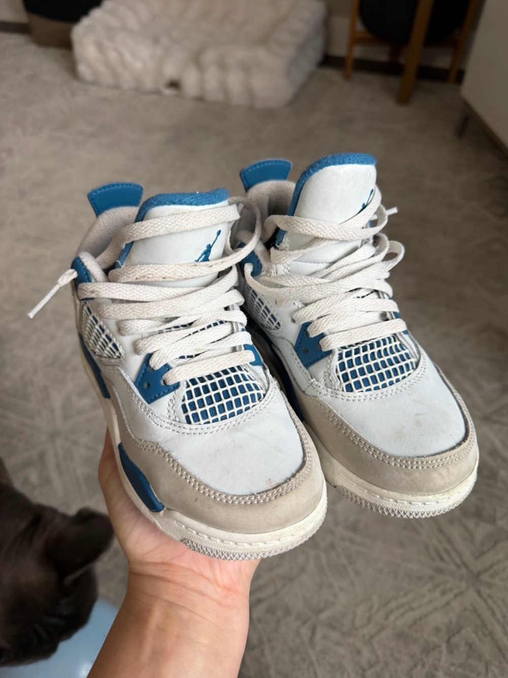 Kids Jordan’s White and Blue Basketball Sneakers